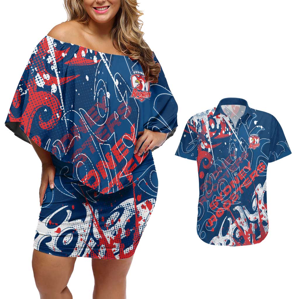 Personalized Sydney Roosters Rugby Couples Matching Off Shoulder Short Dress and Hawaiian Shirt Urban Street Graffiti Style - Distressed Splatter Elements