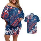 Personalized Sydney Roosters Rugby Couples Matching Off Shoulder Short Dress and Hawaiian Shirt Urban Street Graffiti Style - Distressed Splatter Elements