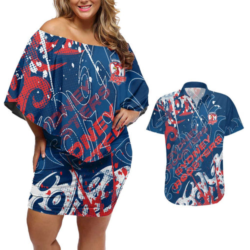 Personalized Sydney Roosters Rugby Couples Matching Off Shoulder Short Dress and Hawaiian Shirt Urban Street Graffiti Style - Distressed Splatter Elements