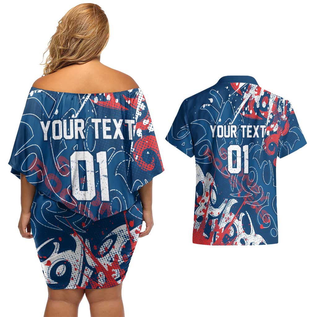 Personalized Sydney Roosters Rugby Couples Matching Off Shoulder Short Dress and Hawaiian Shirt Urban Street Graffiti Style - Distressed Splatter Elements