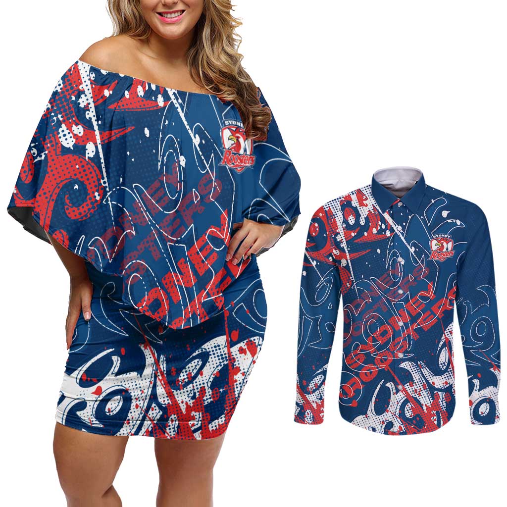 Personalized Sydney Roosters Rugby Couples Matching Off Shoulder Short Dress and Long Sleeve Button Shirt Urban Street Graffiti Style - Distressed Splatter Elements