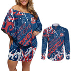 Personalized Sydney Roosters Rugby Couples Matching Off Shoulder Short Dress and Long Sleeve Button Shirt Urban Street Graffiti Style - Distressed Splatter Elements