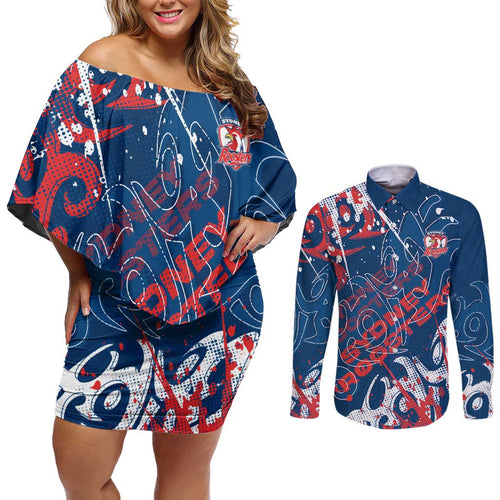 Personalized Sydney Roosters Rugby Couples Matching Off Shoulder Short Dress and Long Sleeve Button Shirt Urban Street Graffiti Style - Distressed Splatter Elements
