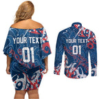Personalized Sydney Roosters Rugby Couples Matching Off Shoulder Short Dress and Long Sleeve Button Shirt Urban Street Graffiti Style - Distressed Splatter Elements