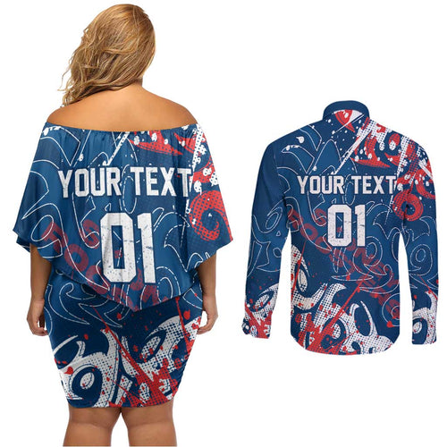 Personalized Sydney Roosters Rugby Couples Matching Off Shoulder Short Dress and Long Sleeve Button Shirt Urban Street Graffiti Style - Distressed Splatter Elements
