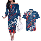 Personalized Sydney Roosters Rugby Couples Matching Off The Shoulder Long Sleeve Dress and Hawaiian Shirt Urban Street Graffiti Style - Distressed Splatter Elements