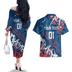 Personalized Sydney Roosters Rugby Couples Matching Off The Shoulder Long Sleeve Dress and Hawaiian Shirt Urban Street Graffiti Style - Distressed Splatter Elements