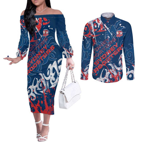 Personalized Sydney Roosters Rugby Couples Matching Off The Shoulder Long Sleeve Dress and Long Sleeve Button Shirt Urban Street Graffiti Style - Distressed Splatter Elements