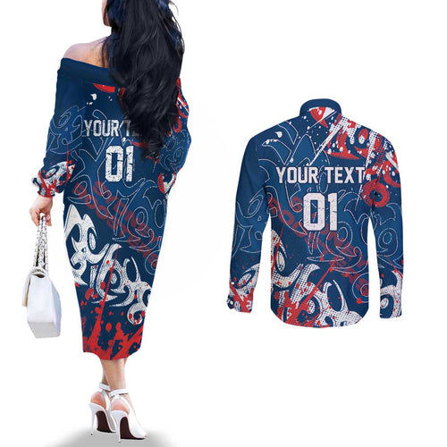 Personalized Sydney Roosters Rugby Couples Matching Off The Shoulder Long Sleeve Dress and Long Sleeve Button Shirt Urban Street Graffiti Style - Distressed Splatter Elements