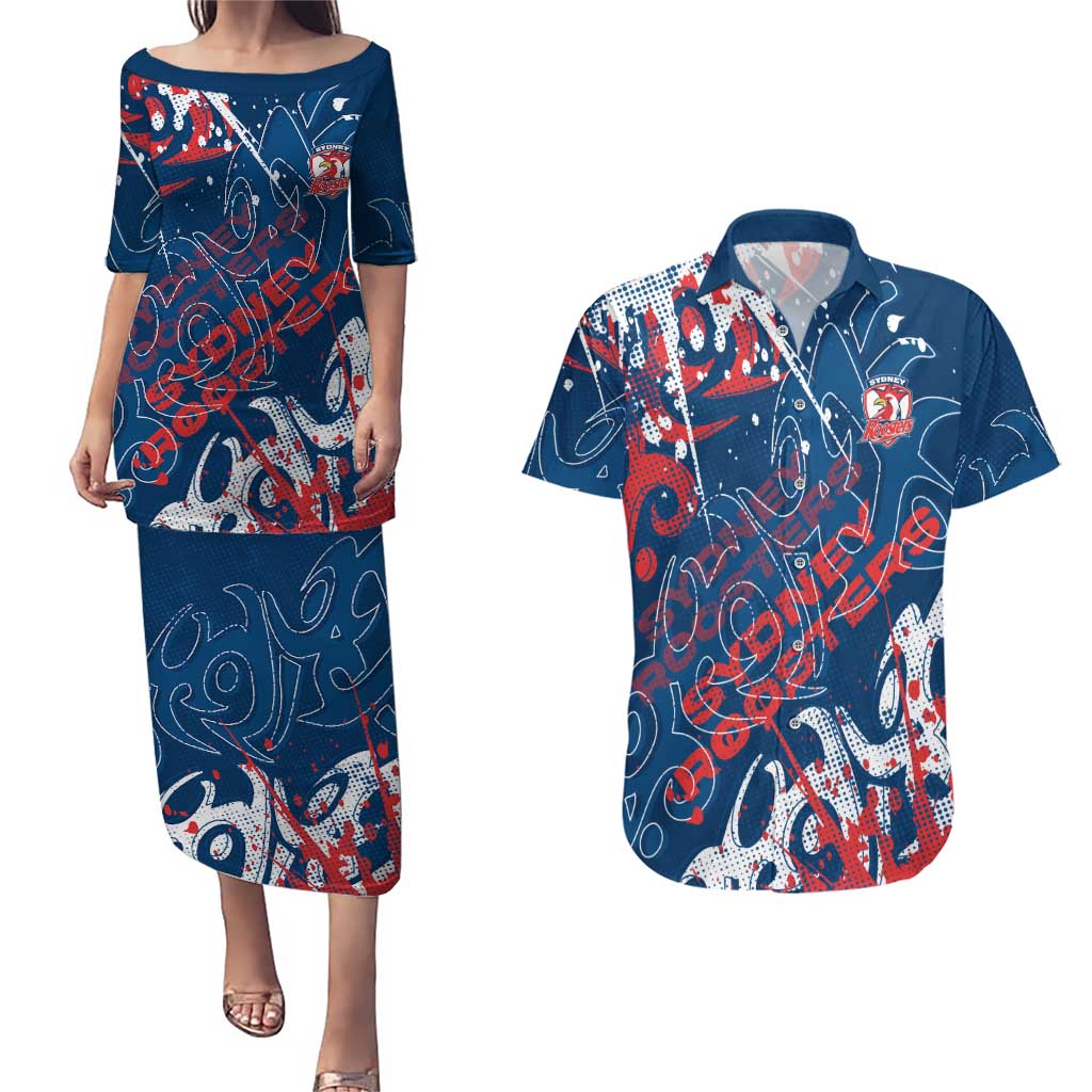 Personalized Sydney Roosters Rugby Couples Matching Puletasi and Hawaiian Shirt Urban Street Graffiti Style - Distressed Splatter Elements