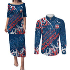 Personalized Sydney Roosters Rugby Couples Matching Puletasi and Long Sleeve Button Shirt Urban Street Graffiti Style - Distressed Splatter Elements