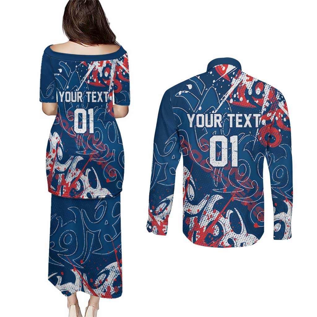Personalized Sydney Roosters Rugby Couples Matching Puletasi and Long Sleeve Button Shirt Urban Street Graffiti Style - Distressed Splatter Elements