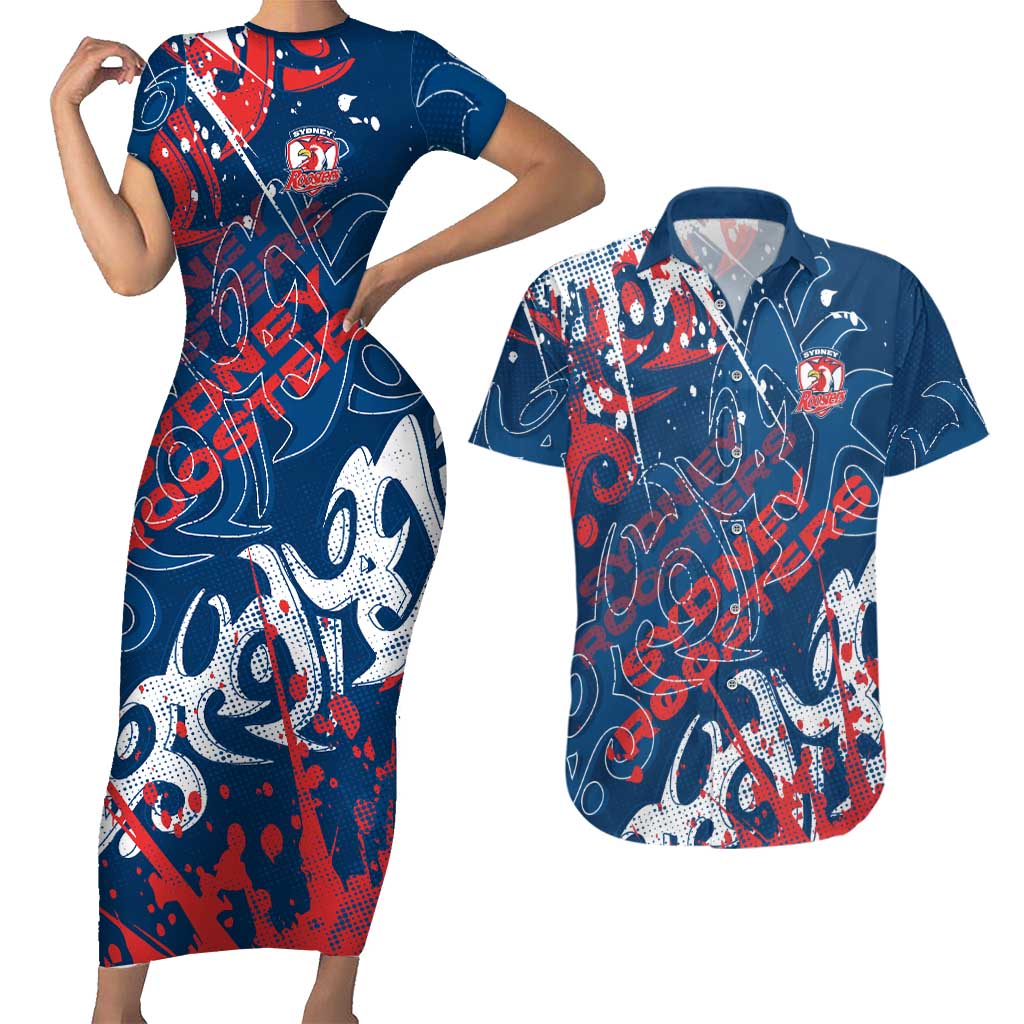 Personalized Sydney Roosters Rugby Couples Matching Short Sleeve Bodycon Dress and Hawaiian Shirt Urban Street Graffiti Style - Distressed Splatter Elements