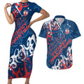Personalized Sydney Roosters Rugby Couples Matching Short Sleeve Bodycon Dress and Hawaiian Shirt Urban Street Graffiti Style - Distressed Splatter Elements