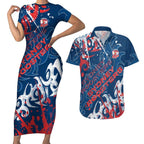 Personalized Sydney Roosters Rugby Couples Matching Short Sleeve Bodycon Dress and Hawaiian Shirt Urban Street Graffiti Style - Distressed Splatter Elements