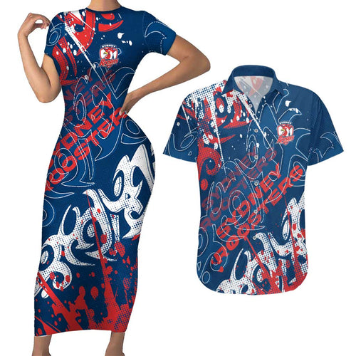 Personalized Sydney Roosters Rugby Couples Matching Short Sleeve Bodycon Dress and Hawaiian Shirt Urban Street Graffiti Style - Distressed Splatter Elements