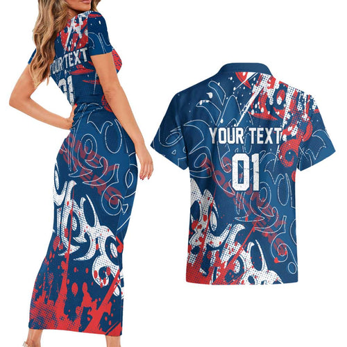 Personalized Sydney Roosters Rugby Couples Matching Short Sleeve Bodycon Dress and Hawaiian Shirt Urban Street Graffiti Style - Distressed Splatter Elements