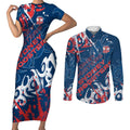 Personalized Sydney Roosters Rugby Couples Matching Short Sleeve Bodycon Dress and Long Sleeve Button Shirt Urban Street Graffiti Style - Distressed Splatter Elements