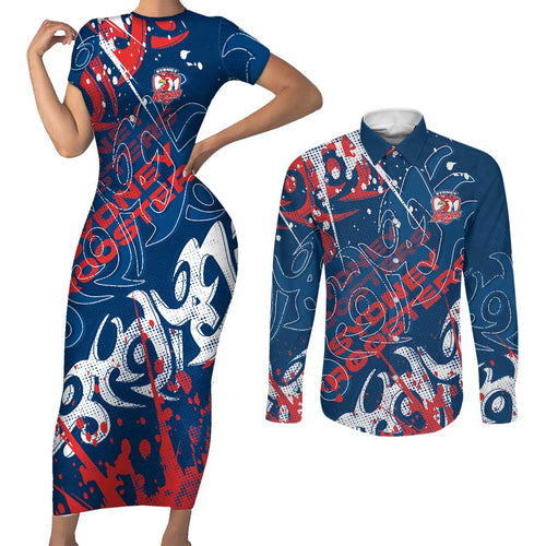 Personalized Sydney Roosters Rugby Couples Matching Short Sleeve Bodycon Dress and Long Sleeve Button Shirt Urban Street Graffiti Style - Distressed Splatter Elements