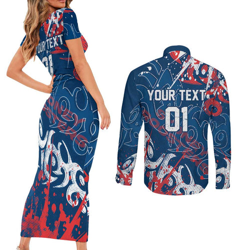 Personalized Sydney Roosters Rugby Couples Matching Short Sleeve Bodycon Dress and Long Sleeve Button Shirt Urban Street Graffiti Style - Distressed Splatter Elements
