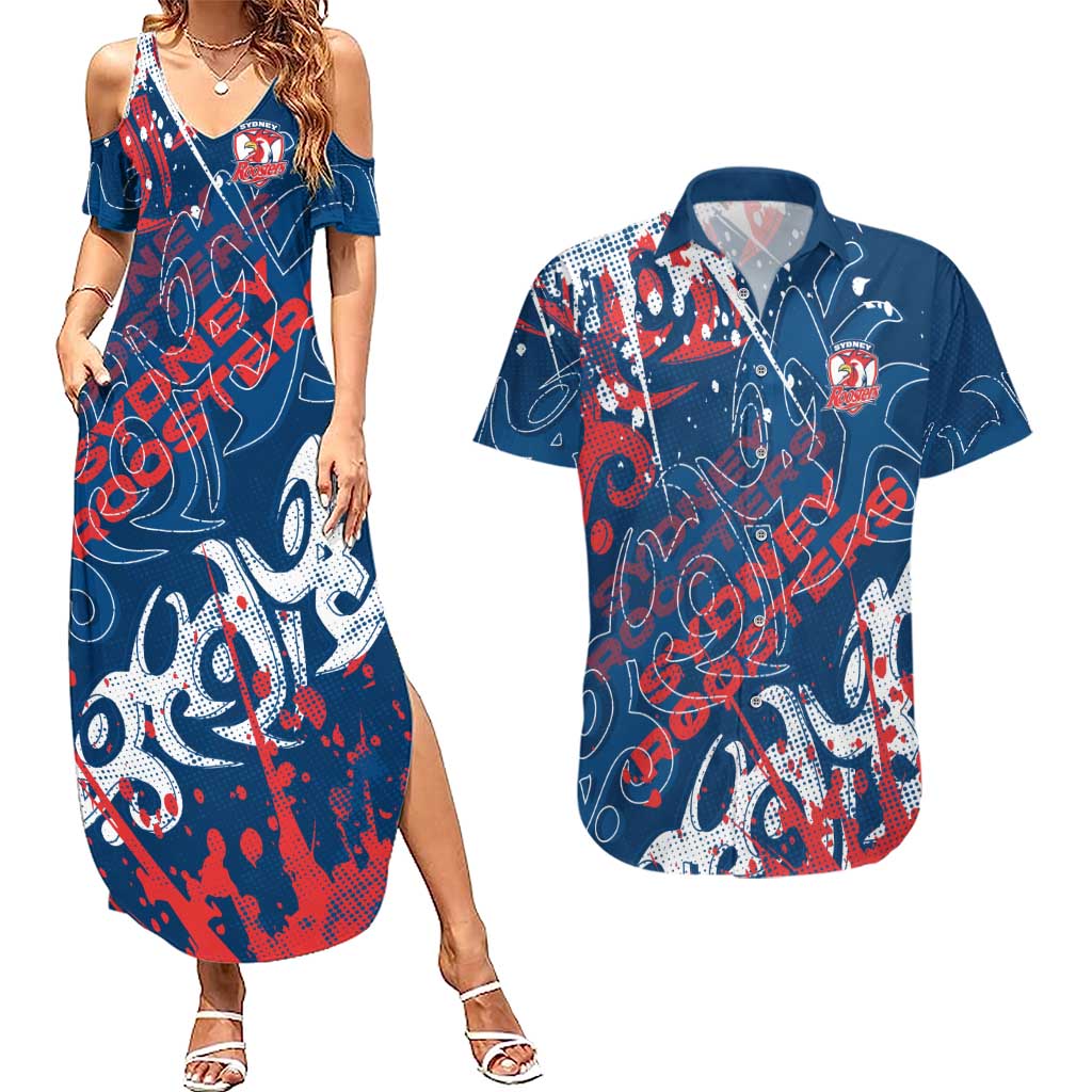 Personalized Sydney Roosters Rugby Couples Matching Summer Maxi Dress and Hawaiian Shirt Urban Street Graffiti Style - Distressed Splatter Elements