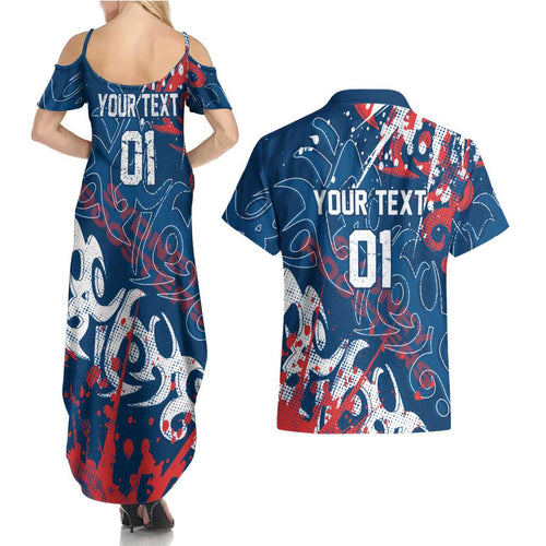 Personalized Sydney Roosters Rugby Couples Matching Summer Maxi Dress and Hawaiian Shirt Urban Street Graffiti Style - Distressed Splatter Elements