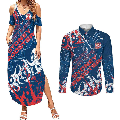 Personalized Sydney Roosters Rugby Couples Matching Summer Maxi Dress and Long Sleeve Button Shirt Urban Street Graffiti Style - Distressed Splatter Elements