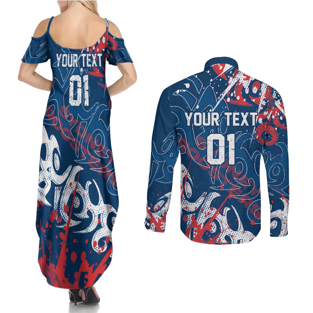 Personalized Sydney Roosters Rugby Couples Matching Summer Maxi Dress and Long Sleeve Button Shirt Urban Street Graffiti Style - Distressed Splatter Elements