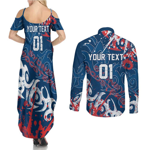 Personalized Sydney Roosters Rugby Couples Matching Summer Maxi Dress and Long Sleeve Button Shirt Urban Street Graffiti Style - Distressed Splatter Elements