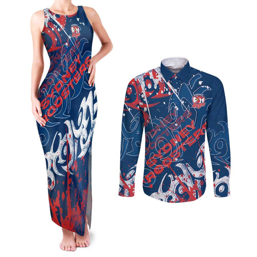 Personalized Sydney Roosters Rugby Couples Matching Tank Maxi Dress and Long Sleeve Button Shirt Urban Street Graffiti Style - Distressed Splatter Elements