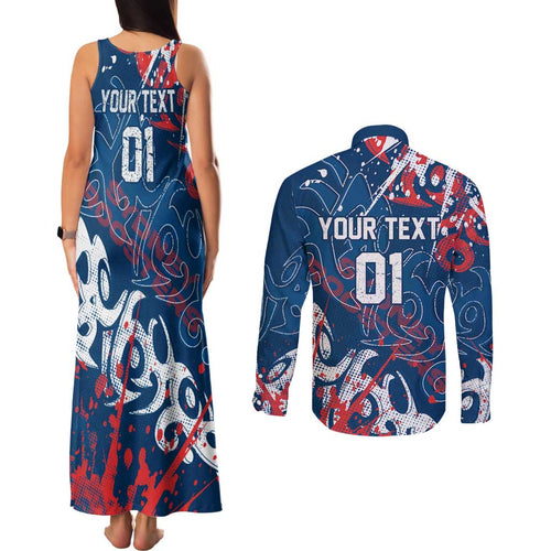 Personalized Sydney Roosters Rugby Couples Matching Tank Maxi Dress and Long Sleeve Button Shirt Urban Street Graffiti Style - Distressed Splatter Elements