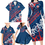 Personalized Sydney Roosters Rugby Family Matching Long Sleeve Bodycon Dress and Hawaiian Shirt Urban Street Graffiti Style - Distressed Splatter Elements