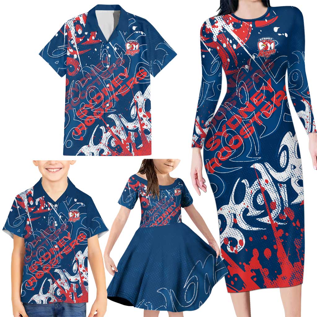 Personalized Sydney Roosters Rugby Family Matching Long Sleeve Bodycon Dress and Hawaiian Shirt Urban Street Graffiti Style - Distressed Splatter Elements