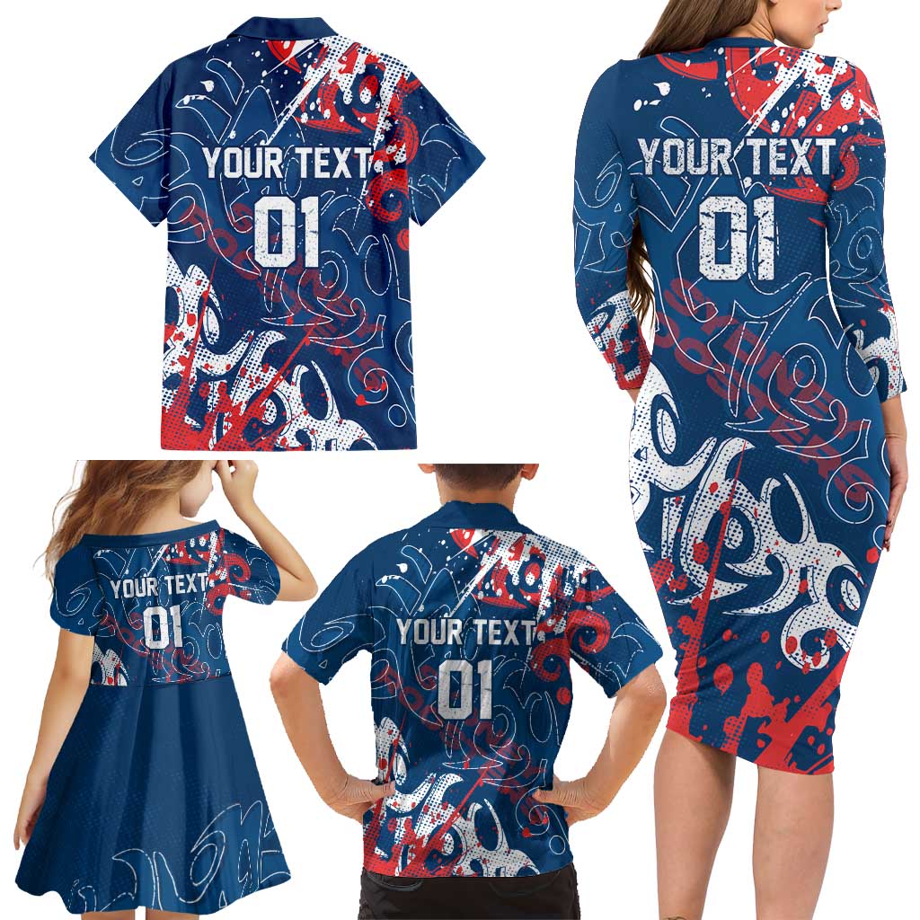 Personalized Sydney Roosters Rugby Family Matching Long Sleeve Bodycon Dress and Hawaiian Shirt Urban Street Graffiti Style - Distressed Splatter Elements