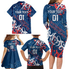 Personalized Sydney Roosters Rugby Family Matching Long Sleeve Bodycon Dress and Hawaiian Shirt Urban Street Graffiti Style - Distressed Splatter Elements
