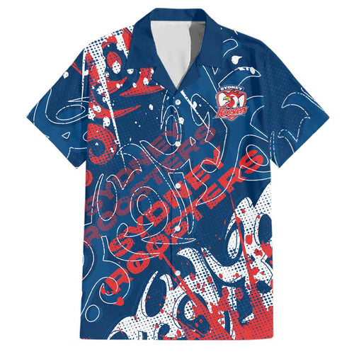 Personalized Sydney Roosters Rugby Family Matching Long Sleeve Bodycon Dress and Hawaiian Shirt Urban Street Graffiti Style - Distressed Splatter Elements
