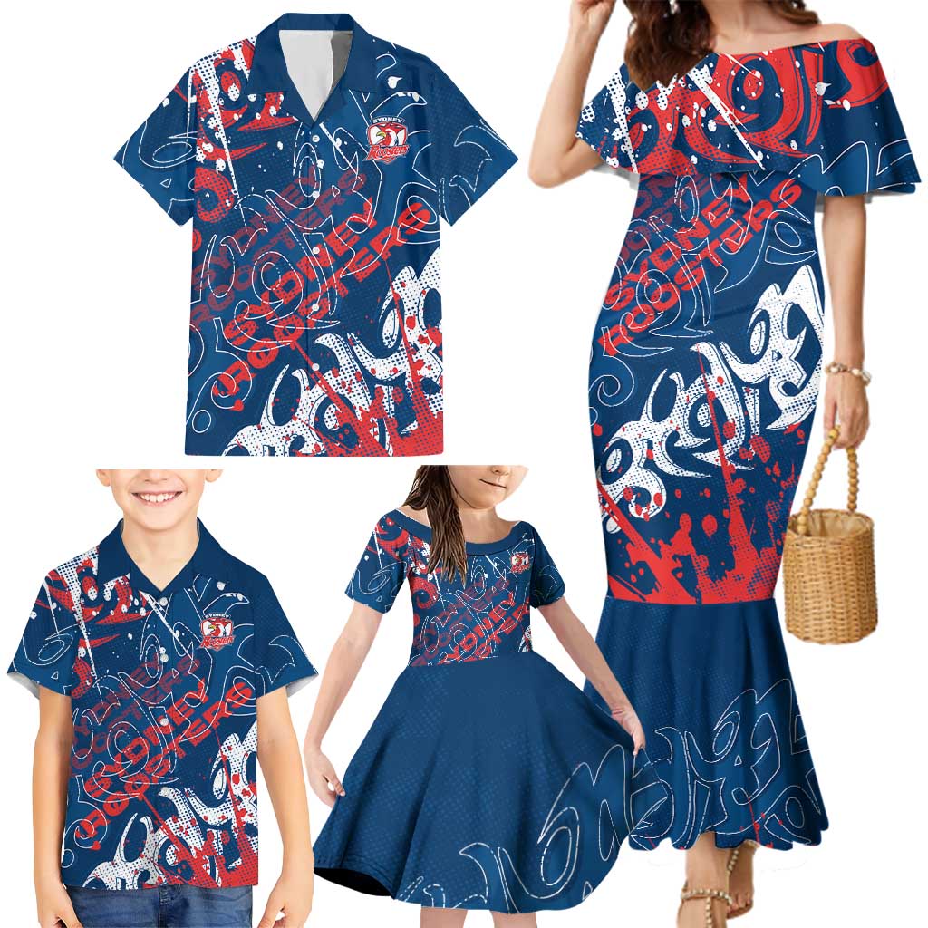 Personalized Sydney Roosters Rugby Family Matching Mermaid Dress and Hawaiian Shirt Urban Street Graffiti Style - Distressed Splatter Elements