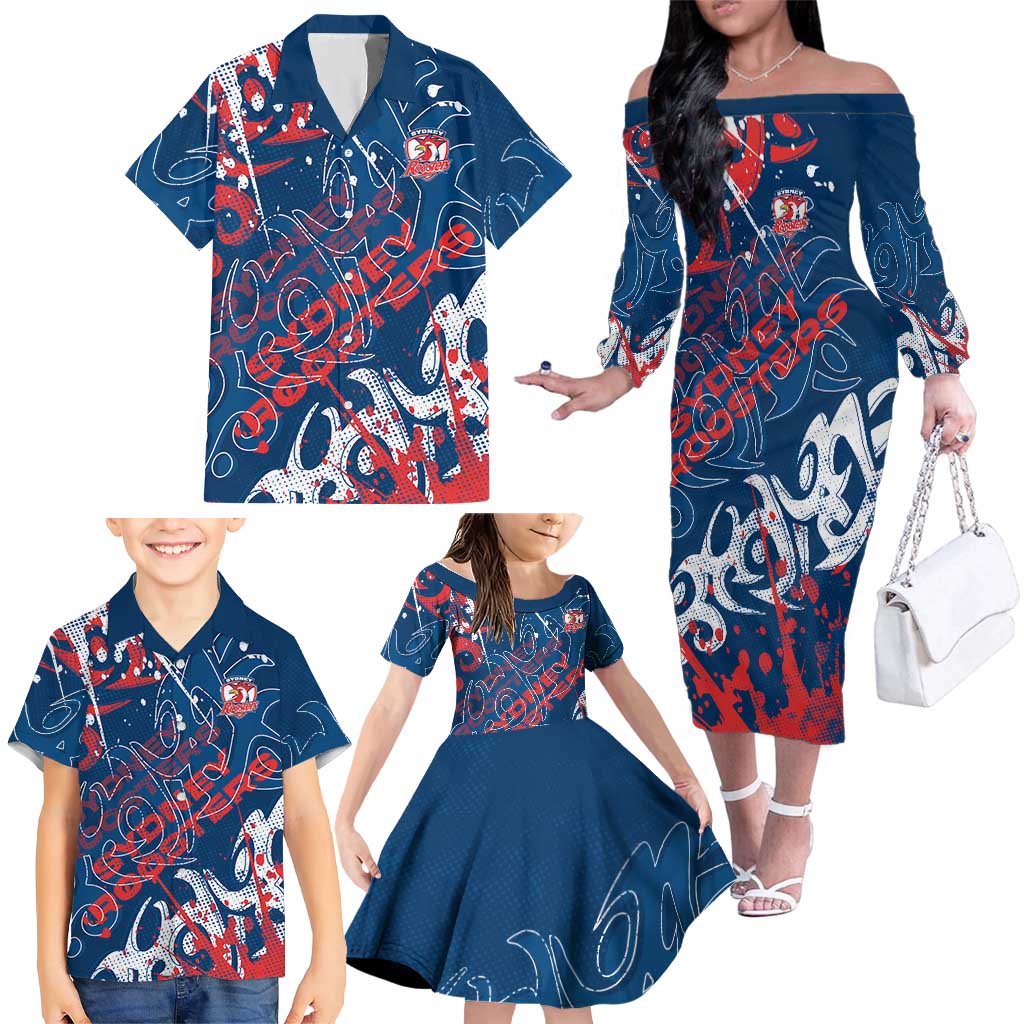 Personalized Sydney Roosters Rugby Family Matching Off The Shoulder Long Sleeve Dress and Hawaiian Shirt Urban Street Graffiti Style - Distressed Splatter Elements