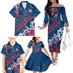 Personalized Sydney Roosters Rugby Family Matching Off The Shoulder Long Sleeve Dress and Hawaiian Shirt Urban Street Graffiti Style - Distressed Splatter Elements