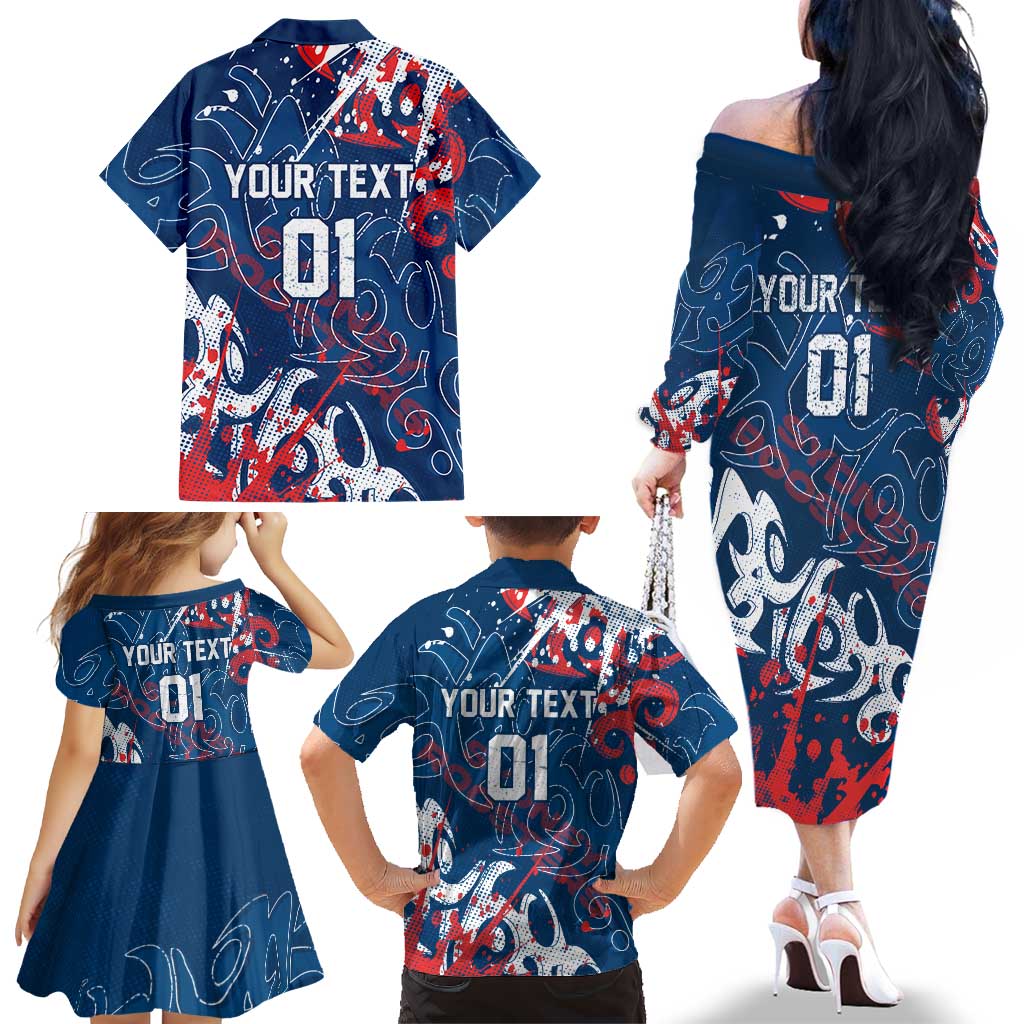 Personalized Sydney Roosters Rugby Family Matching Off The Shoulder Long Sleeve Dress and Hawaiian Shirt Urban Street Graffiti Style - Distressed Splatter Elements