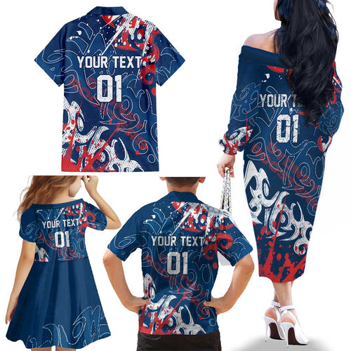 Personalized Sydney Roosters Rugby Family Matching Off The Shoulder Long Sleeve Dress and Hawaiian Shirt Urban Street Graffiti Style - Distressed Splatter Elements