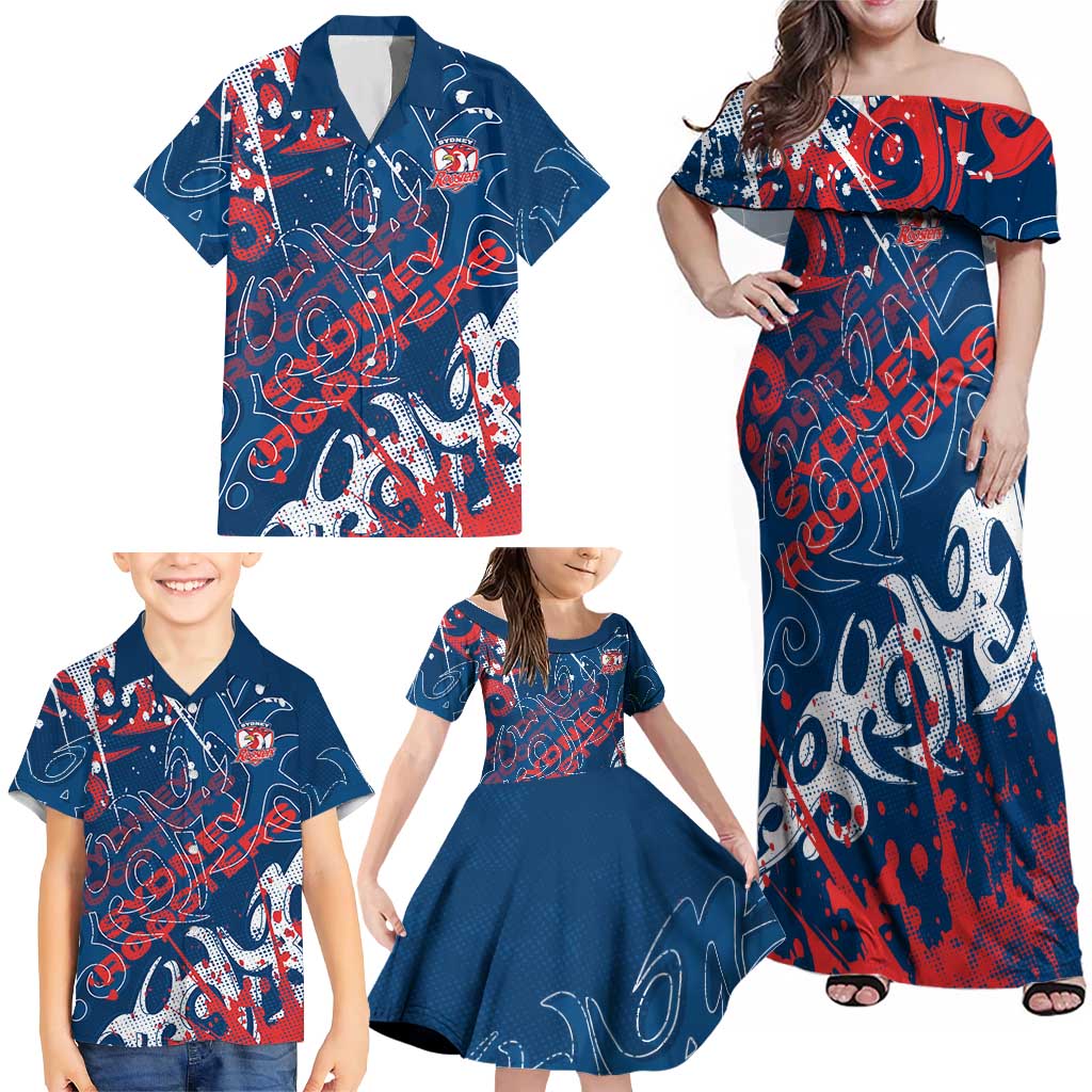 Personalized Sydney Roosters Rugby Family Matching Off Shoulder Maxi Dress and Hawaiian Shirt Urban Street Graffiti Style - Distressed Splatter Elements