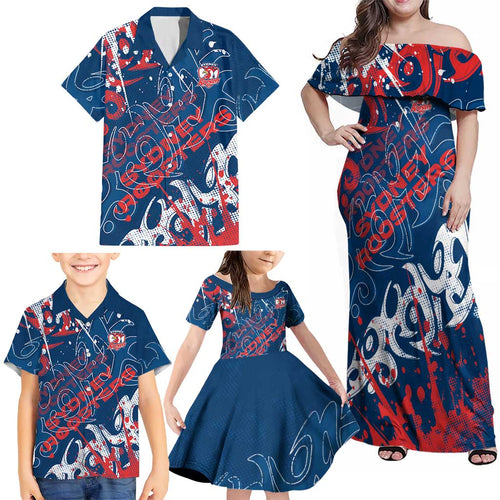 Personalized Sydney Roosters Rugby Family Matching Off Shoulder Maxi Dress and Hawaiian Shirt Urban Street Graffiti Style - Distressed Splatter Elements