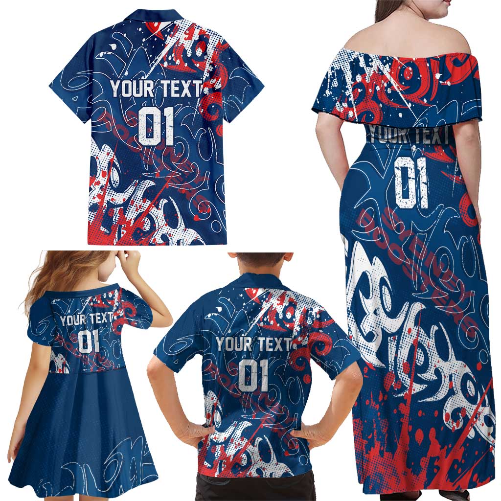 Personalized Sydney Roosters Rugby Family Matching Off Shoulder Maxi Dress and Hawaiian Shirt Urban Street Graffiti Style - Distressed Splatter Elements