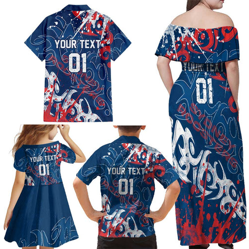 Personalized Sydney Roosters Rugby Family Matching Off Shoulder Maxi Dress and Hawaiian Shirt Urban Street Graffiti Style - Distressed Splatter Elements