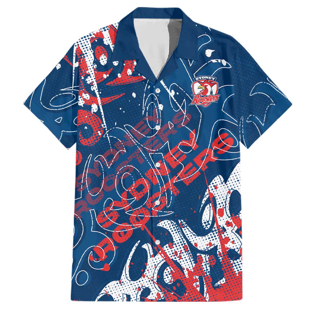 Personalized Sydney Roosters Rugby Family Matching Off Shoulder Maxi Dress and Hawaiian Shirt Urban Street Graffiti Style - Distressed Splatter Elements