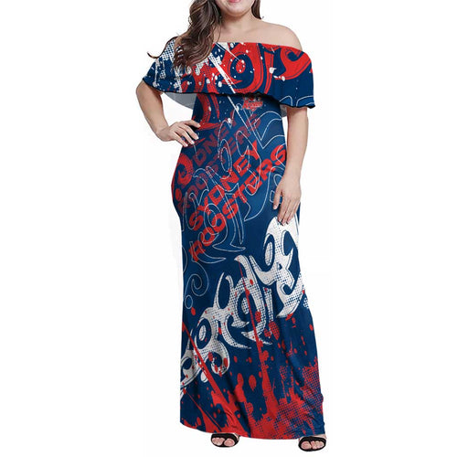 Personalized Sydney Roosters Rugby Family Matching Off Shoulder Maxi Dress and Hawaiian Shirt Urban Street Graffiti Style - Distressed Splatter Elements