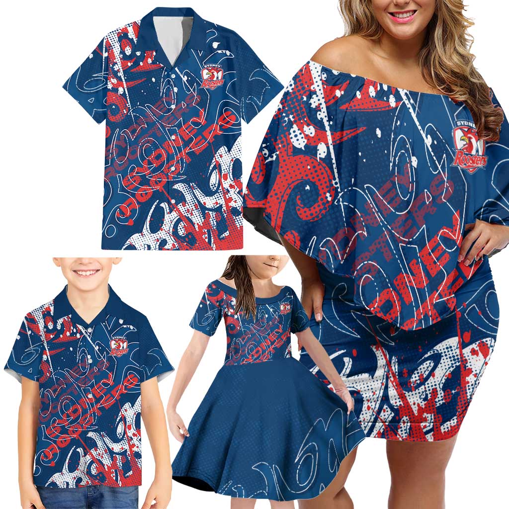 Personalized Sydney Roosters Rugby Family Matching Off Shoulder Short Dress and Hawaiian Shirt Urban Street Graffiti Style - Distressed Splatter Elements