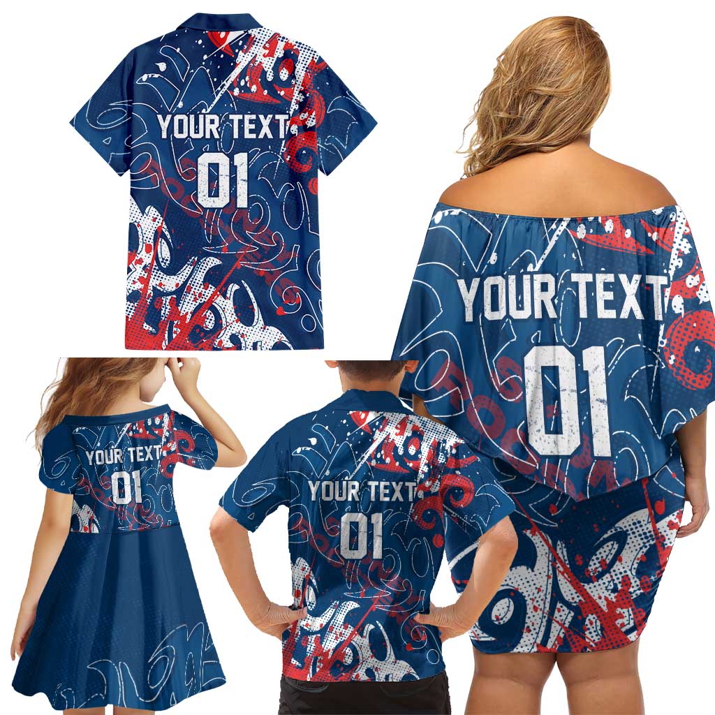 Personalized Sydney Roosters Rugby Family Matching Off Shoulder Short Dress and Hawaiian Shirt Urban Street Graffiti Style - Distressed Splatter Elements