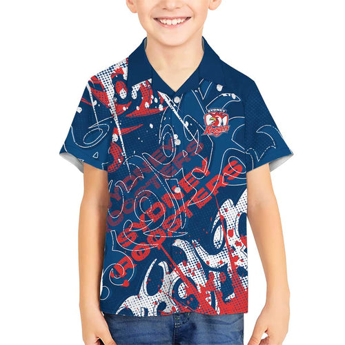 Personalized Sydney Roosters Rugby Family Matching Off Shoulder Short Dress and Hawaiian Shirt Urban Street Graffiti Style - Distressed Splatter Elements